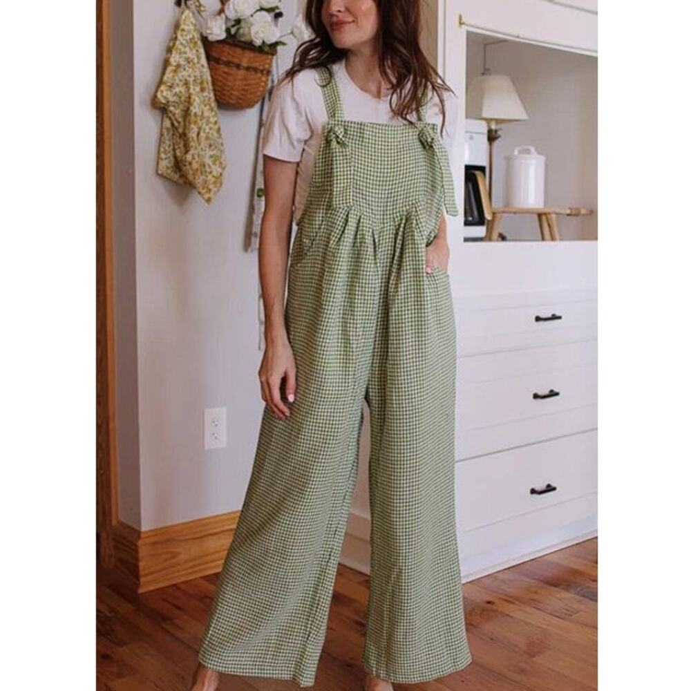 Women's Gingham Wide Leg Loose Overall with Pockets